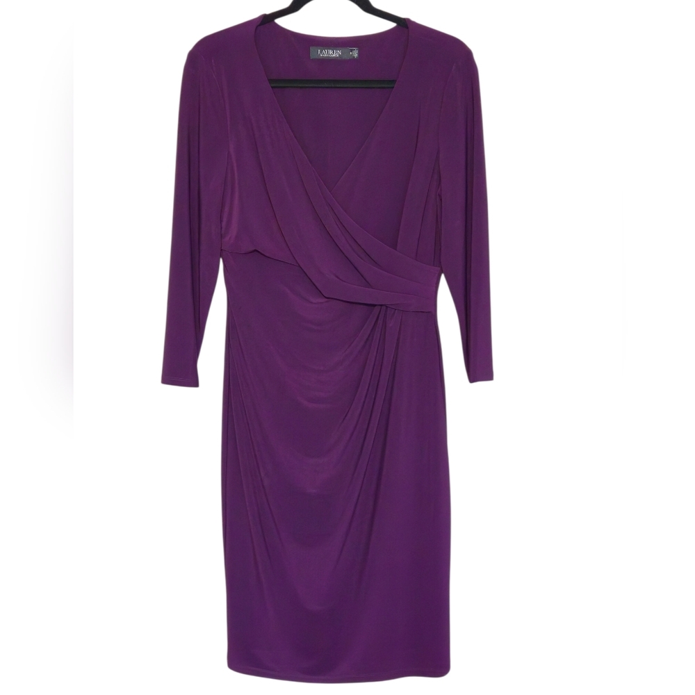 Lauren Ralph Lauren Purple Faux Wrap Dress 3/4 Sleeve Size 10